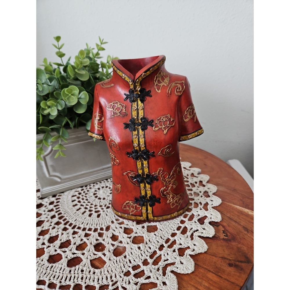 Asian Inspired Bust Vase Red Floral Design Accent Decor Unique‎ Gift